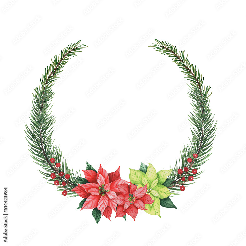 Christmas wreath with poinsettia, pine branches, berries. Christmas wreath with poinsettia, pine branches, berries.