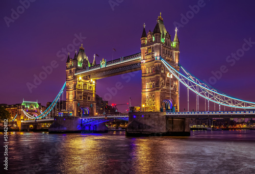 Tower Bridge at night. Tower Bridge in London, the UK at night. Panorama of the city centre. London postcard.
