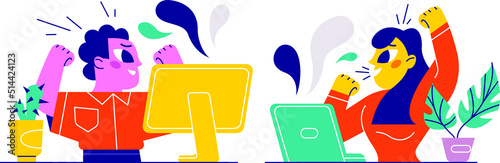 Happy lucky men and woman celebrating victory, success, triumph. Concept winners rejoicing of achievement and luck. Simple flat graphic vector on white background