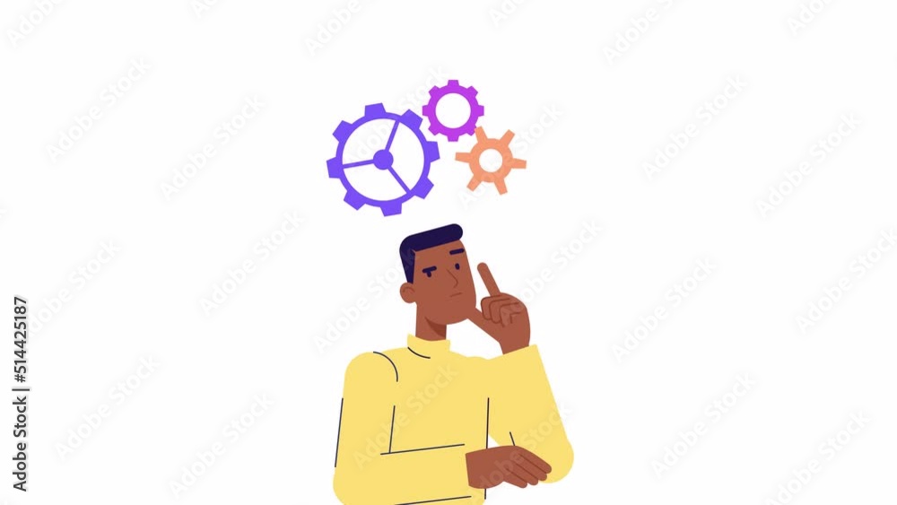 Concept of a great idea. man thinking and looking for answer, hand gesture, index finger up. Solution of the problem. Character animation in moder 2d flat style. light bulb pops up above head, Eureka