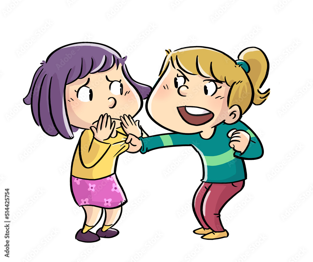 Illustration of little girl threatening to hit another girl Illustration of little girl threatening to hit another girl