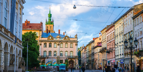 Beautiful sunset in old city center of Lviv, Ukraine photo