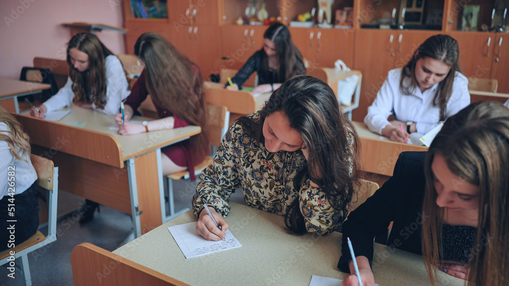 Fototapeta premium Pupils of the 11th grade in the class at the desks during the lesson. Russian school.