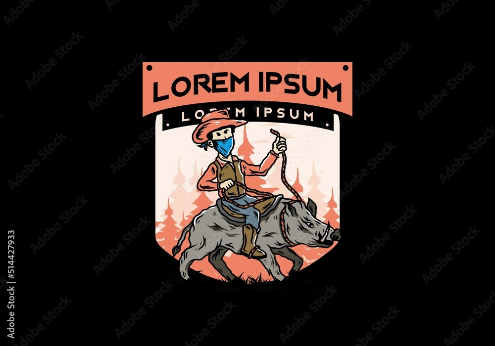 Obraz premium Man riding a wild boar illustration