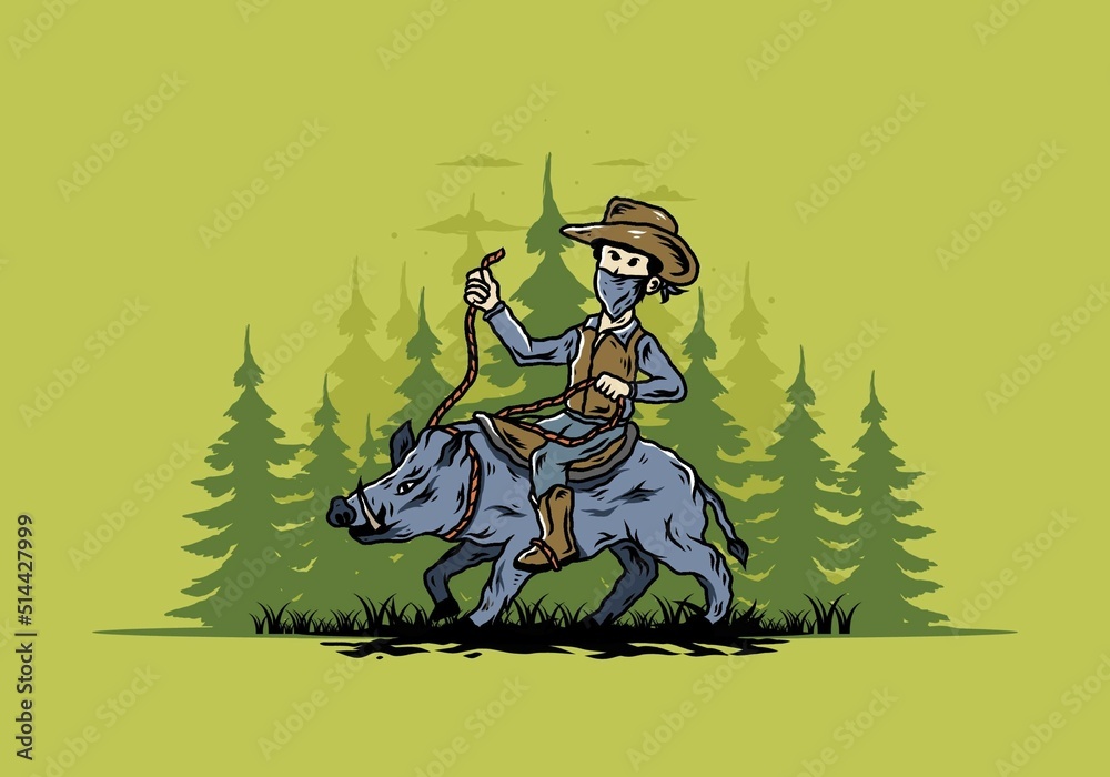 Fototapeta premium Man riding a wild boar illustration