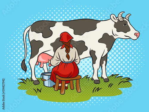 milkmaid milking cow pop art retro vector illustration. Comic book style imitation. photo