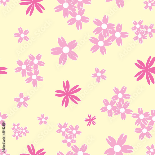 Vector yellow background white pink cherry tree flowers and cherry blossom sakura flowers. Seamless pattern background