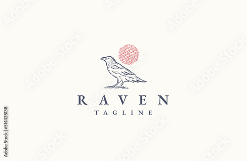 Raven bird retro vintage logo icon design template flat vector illustration