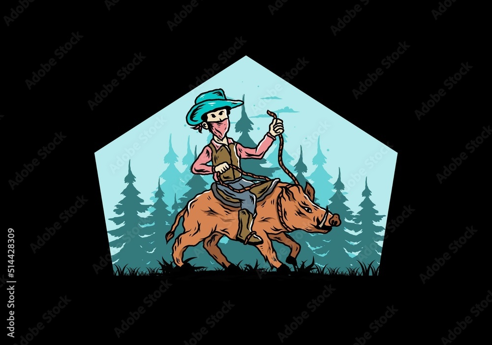 Man riding a wild boar illustration Man riding a wild boar illustration