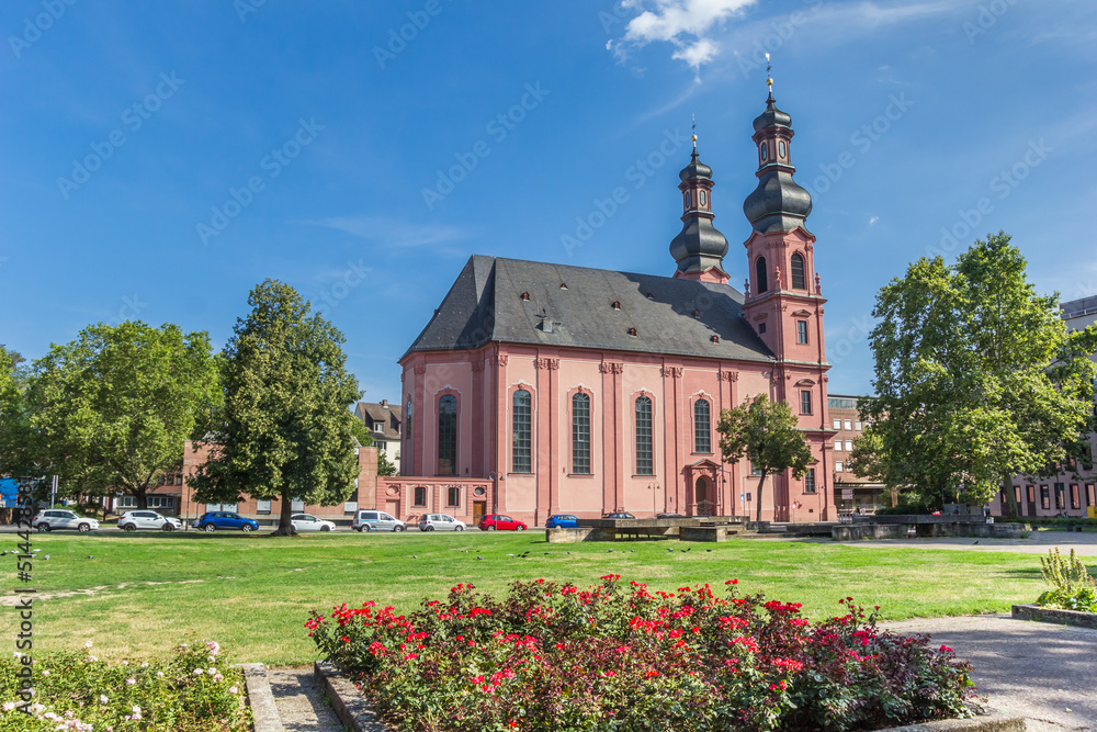 Park at the historic Peterskirche church in Mainz, Germany