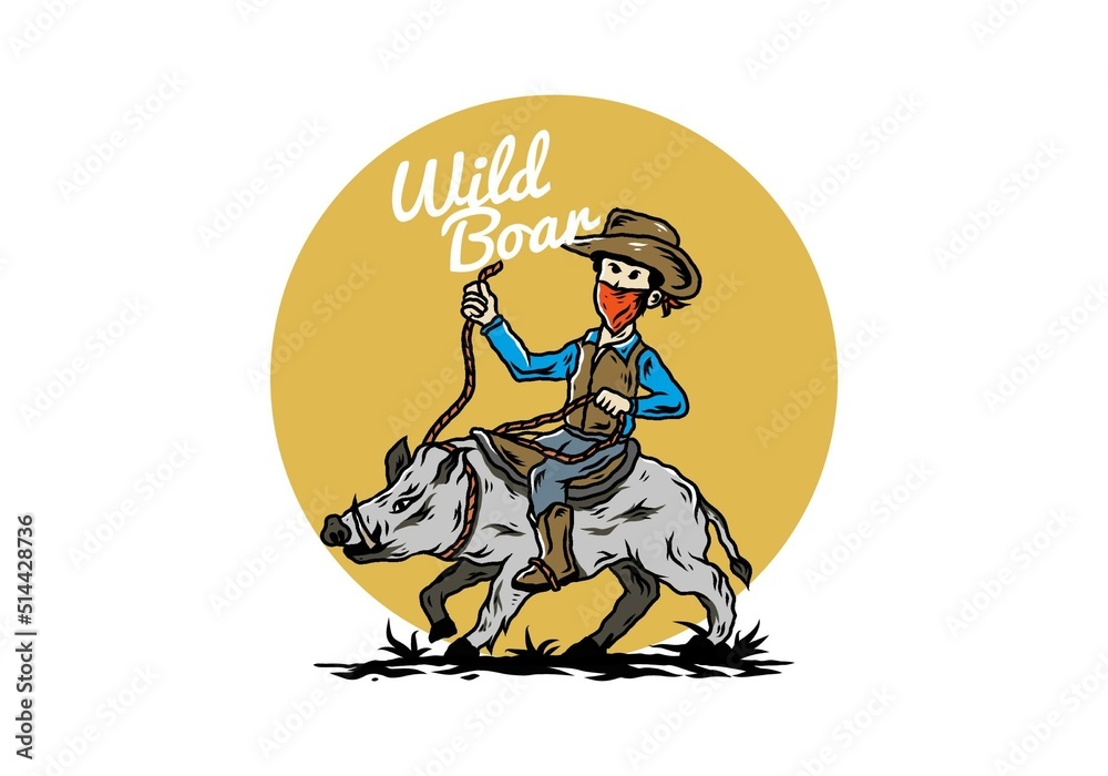 Naklejka premium Man riding a wild boar illustration