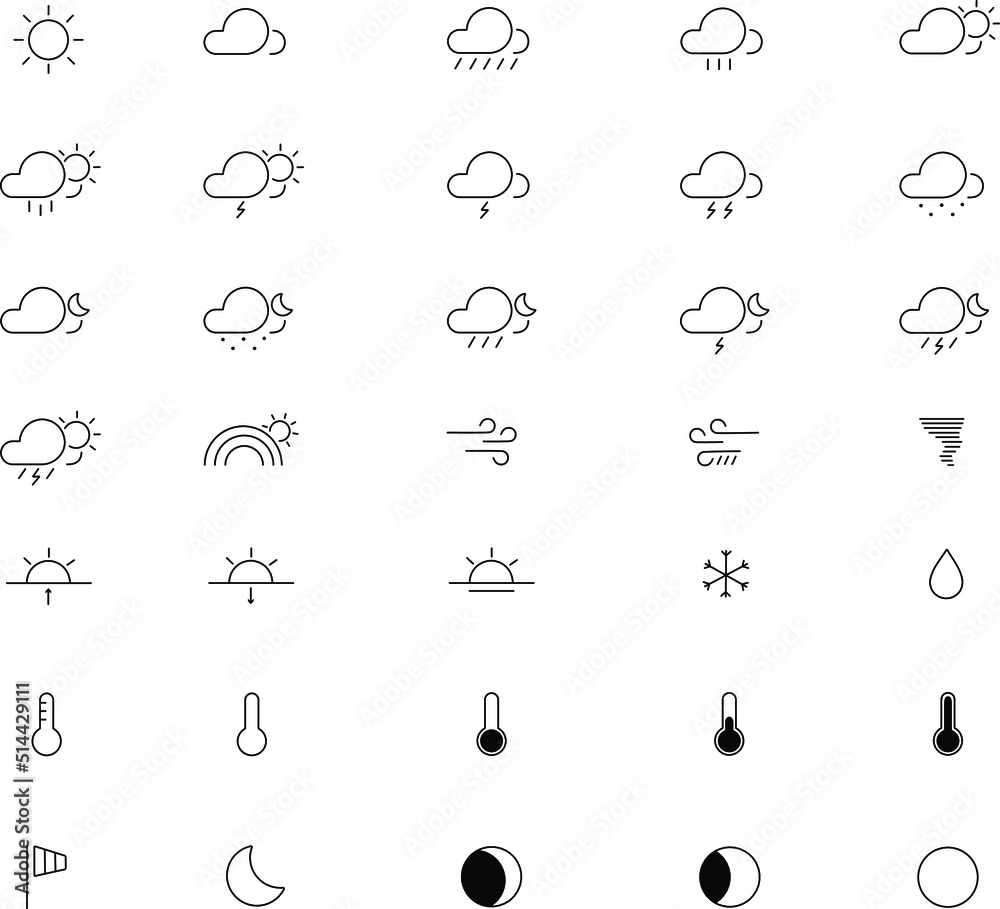 Weather vector line set. Icons. Contains symbols of the sun, clouds, snowflakes, wind, rainbow, moon and more. Weather vector line set. Icons. Contains symbols of the sun, clouds, snowflakes, wind, rainbow, moon and more.