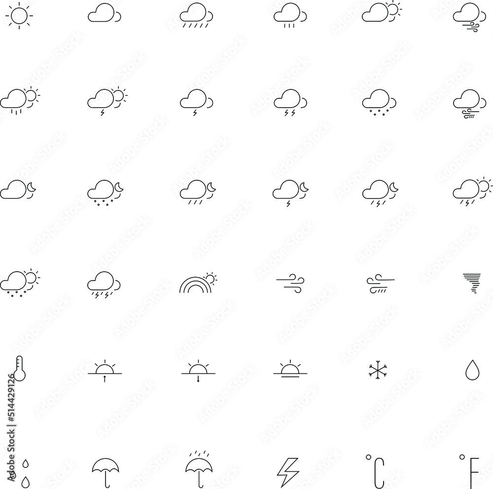 Flat Line Icons. Vector Illustration Weather icon set. Line art vector simple outline illustration. Meteorological infographic signs. 