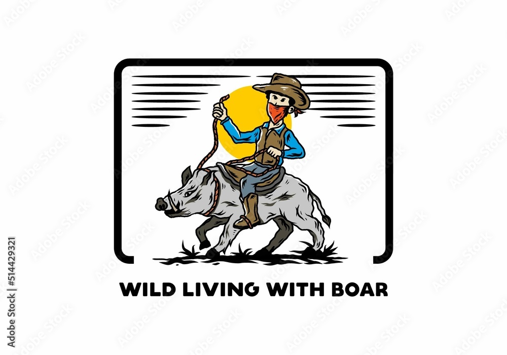 Fototapeta premium Man riding a wild boar illustration