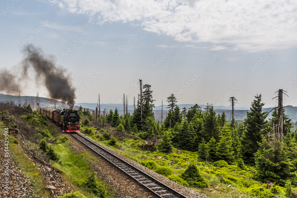 The narrow-gauge railway Brockenbahn in the German low mountain range Harz drives up the highest mountain Brocken. The narrow-gauge railway Brockenbahn in the German low mountain range Harz drives up the highest mountain Brocken.