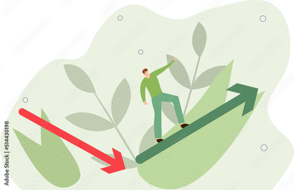 Economic and investment improvement or recover from crisis, stock market or crypto uncertainty, change from down turn to rising up concept, businessman investor jumping from red to rising up arrow Economic and investment improvement or recover from crisis, stock market or crypto uncertainty, change from down turn to rising up concept, businessman investor jumping from red to rising up arrow