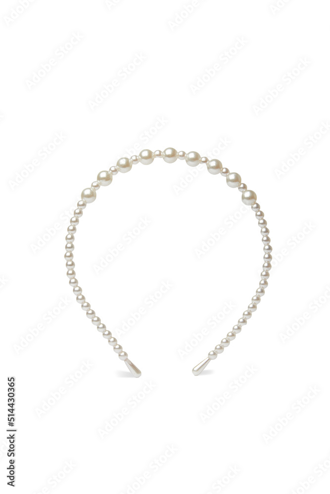 Close-up shot of a thin metal headband with shiny pearl beads. The elegant headband with pearl beads is isolated on a white background. Front view. Close-up shot of a thin metal headband with shiny pearl beads. The elegant headband with pearl beads is isolated on a white background. Front view.