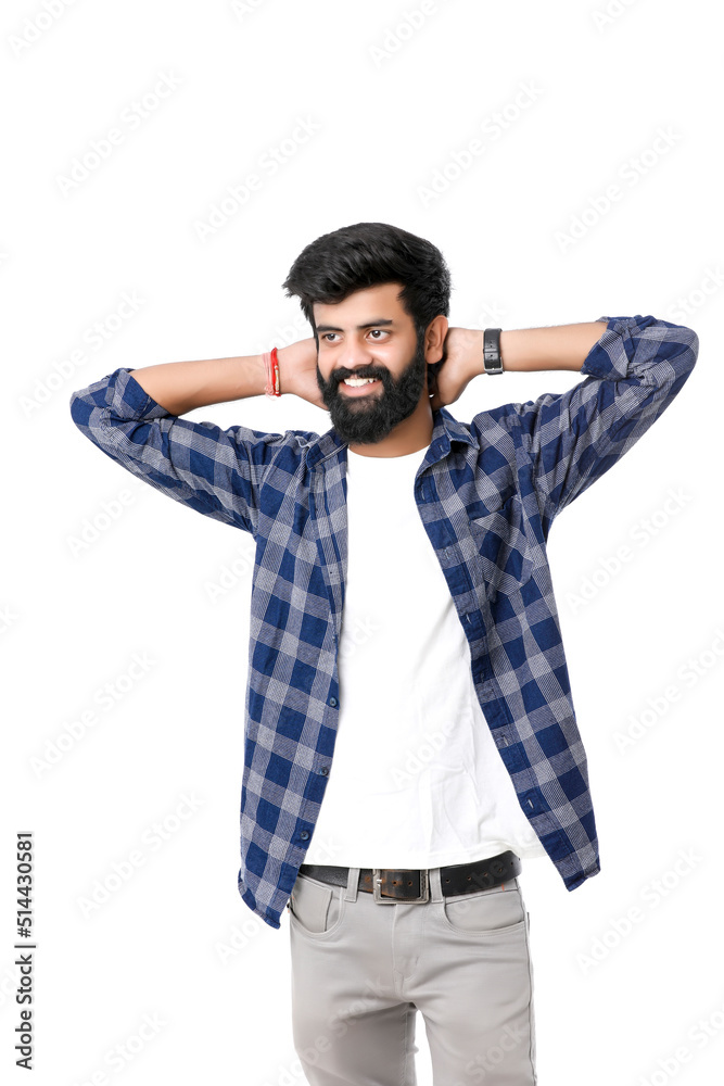 Young indian man giving expression over white background. Young indian man giving expression over white background.