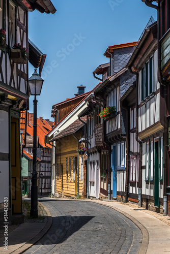 Street with half-timbered houses in Wernigerode, Harz, Saxony-Anhalt, Germany