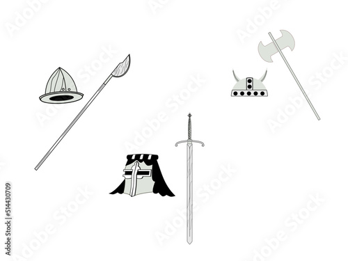 Set of medieval helmets and weapons