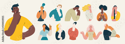 People portrait - Thinking people set-Modern flat vector concept illustration of a young people thinking about something, half-length portrait, user avatar. Creative landing web page template