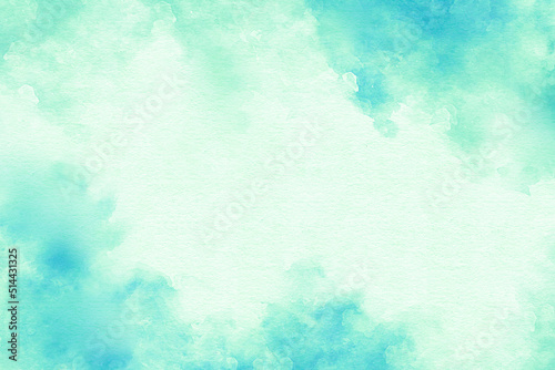 Turquoise, green background. Olive soft and bright ink texture. Natural colors. Template for banner. High Resolution watercolor texture. Brushstroke. Copy space for banner, design, poster, backdrop.