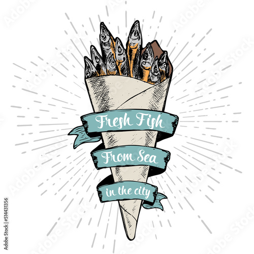 Fish in paper cone icon. Fish market vector illustration. Fresh sardines. Fast Food Background. Seafood illustration. Hand drawn doodle sketch fried fish.