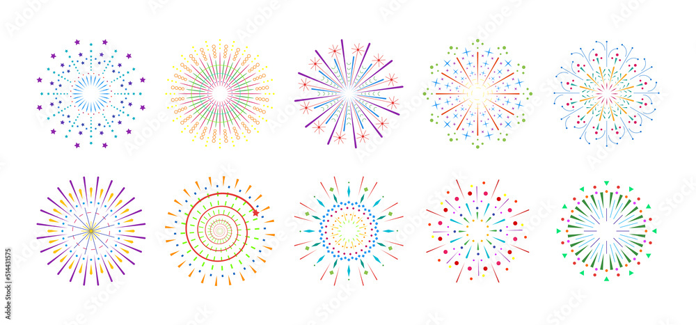 Fototapeta premium Firework sparkle ray set. Radiant sunburst abstract collection. Different shine sunrays or fireworks sparkles rays. Sunlight circle graphic design elements. Colorful multiple sun light burst options
