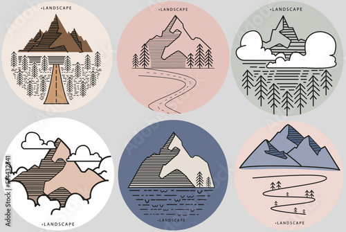 Flat vector illustration. Set with mountains and spruces. The concept of nature and travel. Round vector drawings. Ideal for notebook, album and screen saver covers. Can also be used as stickers.