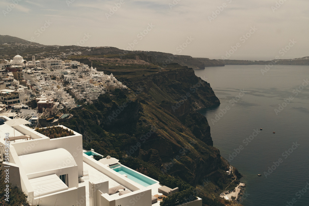 Obraz premium View across Fira in Santorini, Greece. Retro colour grade so create vintage look and style.