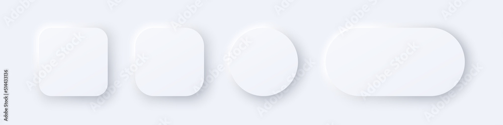 Set of 3D vector buttons for mobile app: search, player, switch, etc. Geometric shapes: circle, square, rectangle on white background with light shadows. Set of 3D vector buttons for mobile app: search, player, switch, etc. Geometric shapes: circle, square, rectangle on white background with light shadows.