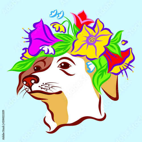 Cute dog in floral wreath. Cute portrait of dog breed jack russell terrier in flowers. Vector image.