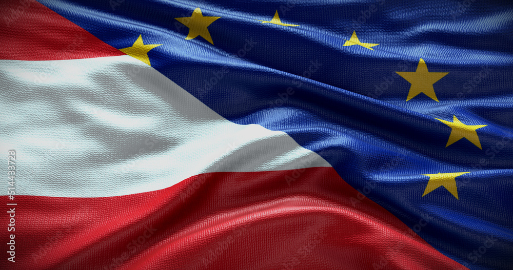 Austria and European Union flag background. Relationship between country government and EU. 3D illustration - obrazy, fototapety, plakaty 