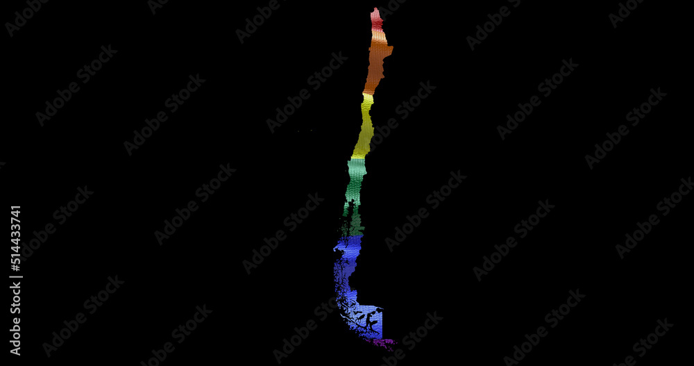 Chile country territory outline shape with LGBT rainbow flag on black background Chile country territory outline shape with LGBT rainbow flag on black background