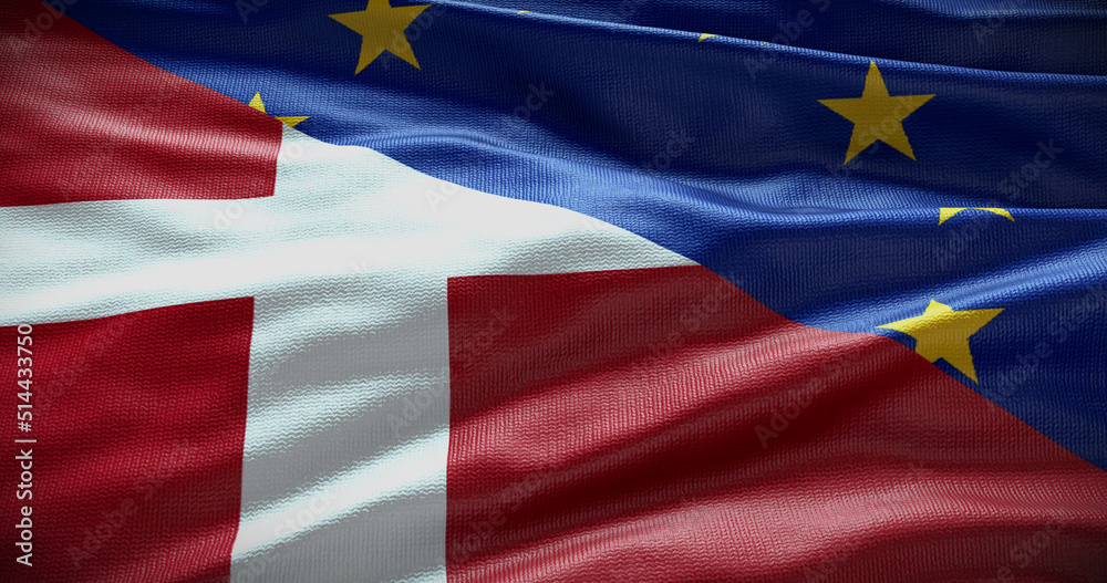 Denmark and European Union flag background. Relationship between country government and EU. 3D illustration Denmark and European Union flag background. Relationship between country government and EU. 3D illustration