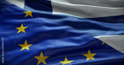 Finland and European Union flag background. Relationship between country government and EU. 3D illustration