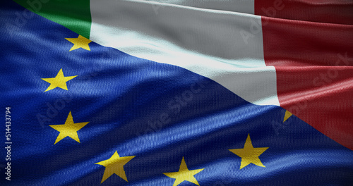 Italy and European Union flag background. Relationship between country government and EU. 3D illustration