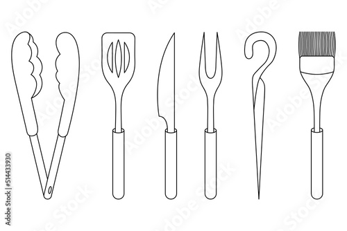 A set of barbecue tools. Sketch. Meat fork with two prongs, spatula, knife, tongs, silicone brush and metal skewer for barbecue. Vector illustration. Coloring. Outline on isolated background. 