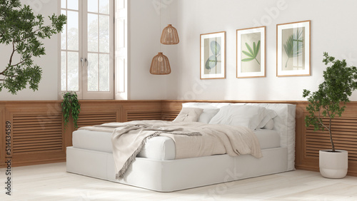 Modern bedroom in white tones. Double soft bed, wooden wall panel with pictures, potted plants and parquet. Country house concept idea, interior design