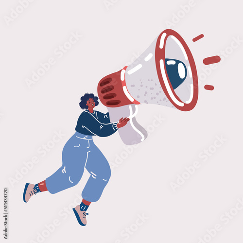 Vector illustration of young black woman shouting on the megaphone and flying