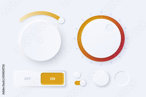 Set of 3D neumorphism light control vector buttons. Geometric shapes: circle, square, rectangle on white background with light shadows. 