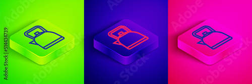 Isometric line Kettle with handle icon isolated on green, blue and pink background. Teapot icon. Square button. Vector