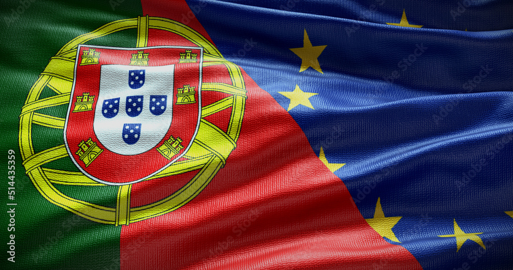 Portugal and European Union flag background. Relationship between country government and EU. 3D illustration