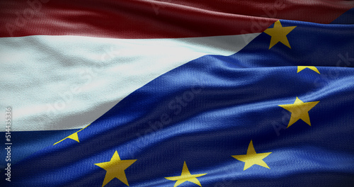 Netherlands and European Union flag background. Relationship between country government and EU. 3D illustration