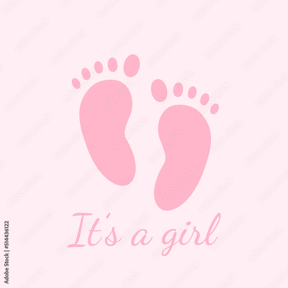 Pink Baby Shower Invite Greeting card. It's a girl. Baby foot footprint over pink color background Pink Baby Shower Invite Greeting card. It's a girl. Baby foot footprint over pink color background
