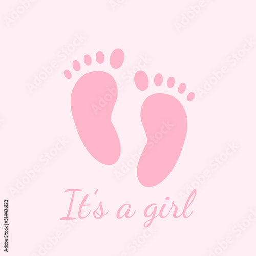 Pink Baby Shower Invite Greeting card. It's a girl. Baby foot footprint over pink color background