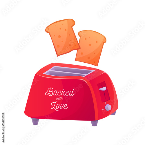 Red retro toaster and toasted bread isolated on a white background. Vector flat cartoon illustration.