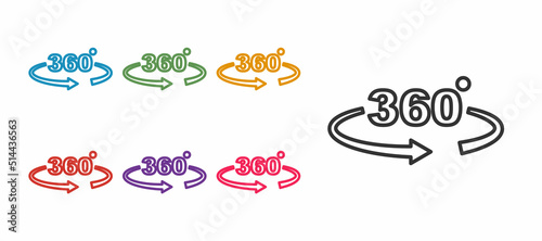 Set line 360 degree view icon isolated on white background. Virtual reality. Angle 360 degree camera. Panorama photo. Set icons colorful. Vector