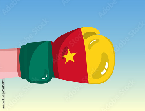 Flag of Cameroon on boxing glove. Confrontation between countries with competitive power. Offensive attitude. Separation of power. Template ready design.