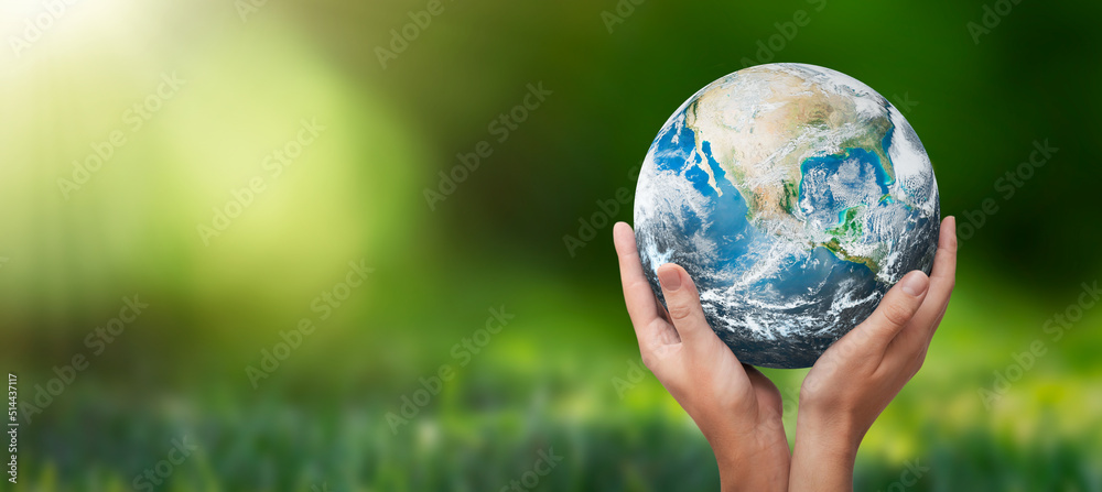 Hands raised to Earth. Environment protection - obrazy, fototapety, plakaty 